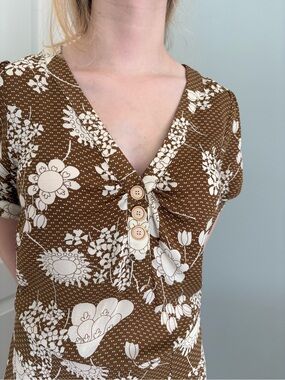 Vintage Jane Mayle Maison Mayle Brown Floral V-Neck Button Front silk dress